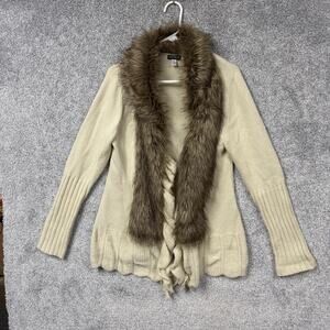 Venus Cardigan Sweater L Faux Fur Collar Ruffle Hem Boho Chic Mob Wife Feminine